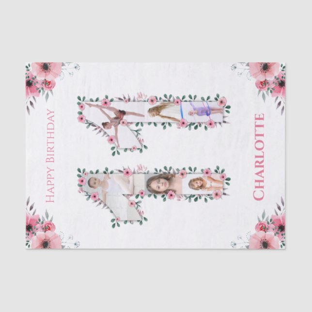 Big 11th Birthday Girl Photo Collage Pink Flower Tissue Paper (Front)