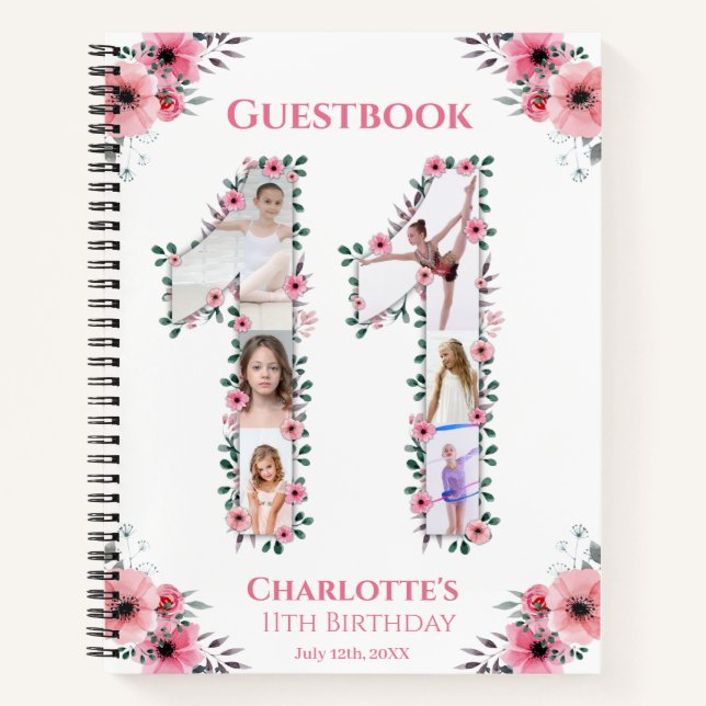 Big 11th Birthday Girl Photo Pink Flower Guestbook Notebook (Front)