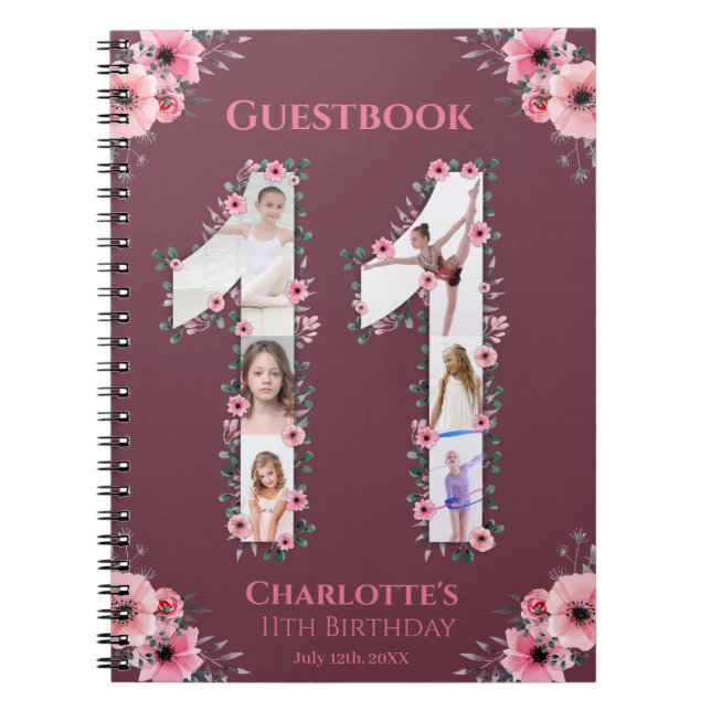 Big 11th Birthday Girl Photo Pink Flower Guestbook Notebook (Front)