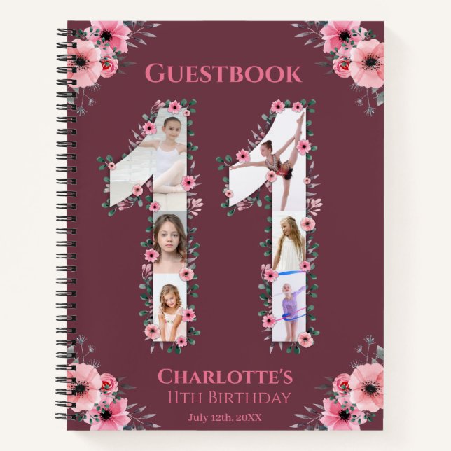 Big 11th Birthday Girl Photo Pink Flower Guestbook Notebook (Front)