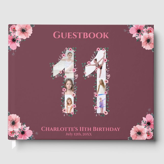 Big 11th Birthday Photo Collage Flower Girl Pink Guest Book (Front)
