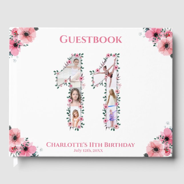 Big 11th Birthday Photo Collage Flower Girl White Guest Book (Front)