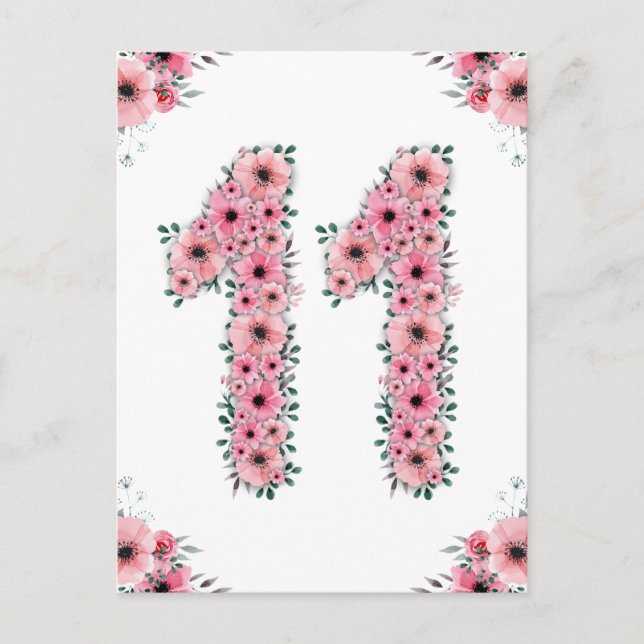 Big 11th Birthday Pink Flowers Girl Green Foliage Postcard (Front)