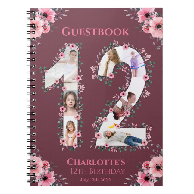 Big 12th Birthday Girl Photo Collage Pink Flower Notebook (Front)