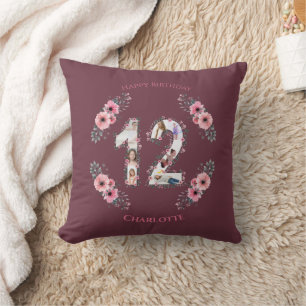 Big 12th Birthday Girl Pink Flower Photo Collage Cushion