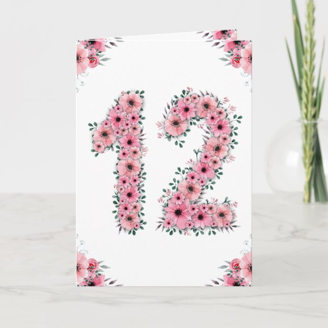 Big 12th Birthday Girl Pink Flowers Green Foliage Card (Front)