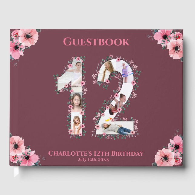 Big 12th Birthday Photo Collage Flower Girl Pink Guest Book (Front)