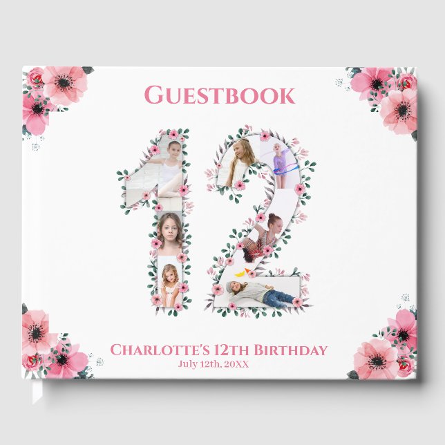 Big 12th Birthday Photo Collage Flower Girl White Guest Book (Front)