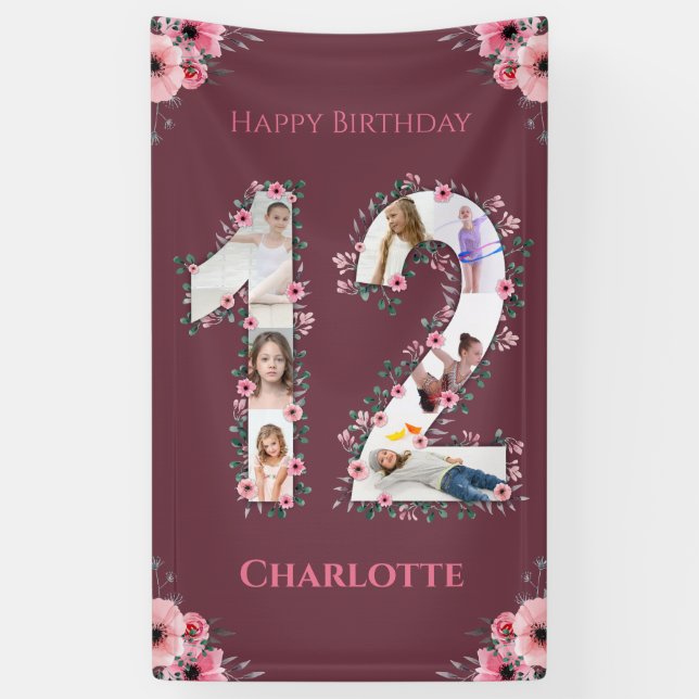 Big 12th Birthday Photo Collage Pink Flower Girl Banner (Vertical)