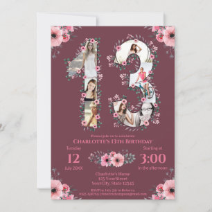 Big 13th Birthday Girl Photo Collage Pink Flower Invitation