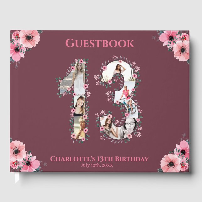 Big 13th Birthday Photo Collage Flower Girl Pink Guest Book (Front)