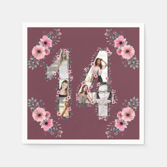 Big 14th Birthday Girl Flower Photo Collage Napkin (Front)