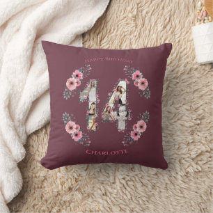 Big 14th Birthday Girl Pink Flower Photo Collage Cushion