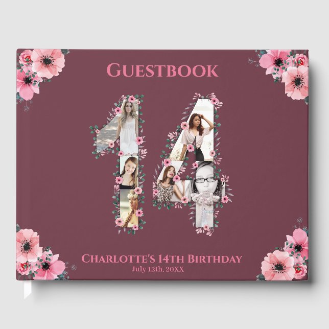 Big 14th Birthday Photo Collage Flower Girl Pink Guest Book (Front)