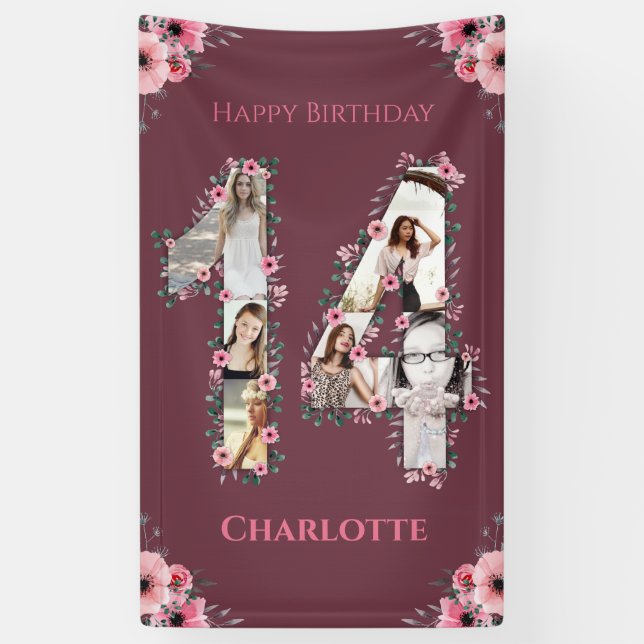 Big 14th Birthday Photo Collage Pink Flower Girl Banner (Vertical)