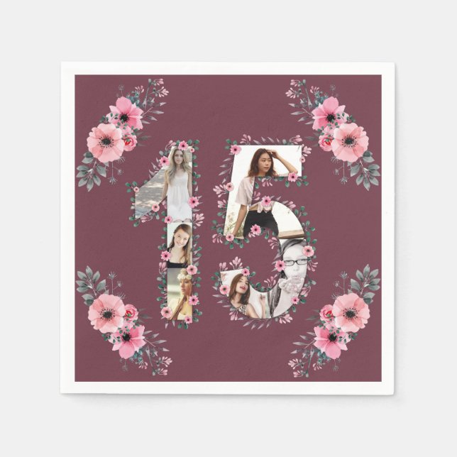 Big 15th Birthday Girl Flower Photo Collage Napkin (Front)