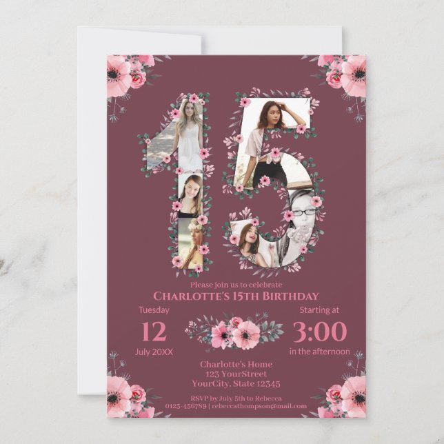 Big 15th Birthday Girl Photo Collage Pink Flower Invitation (Front)