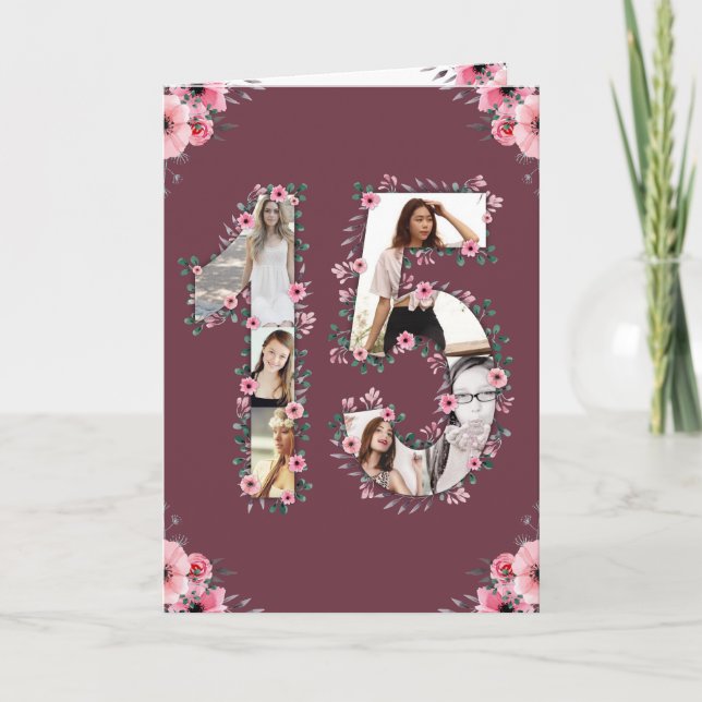 Big 15th Birthday Photo Collage Girl Pink Flower Card (Front)