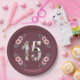 Big 15th Birthday Photo Collage Girl Pink Flower Paper Plate