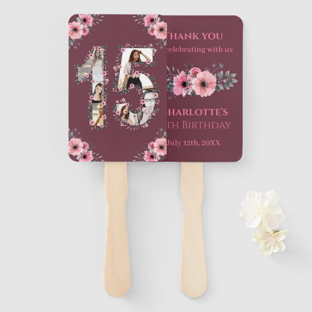 Big 15th Birthday Photo Collage Pink Girl Flower Hand Fan (Front and Back)