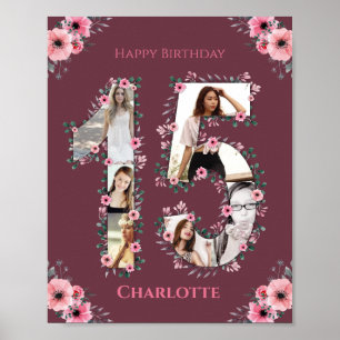 Big 15th Birthday Pink Flower Girl Photo Collage Poster