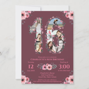 Big 16th Birthday Girl Photo Collage Pink Flower Invitation