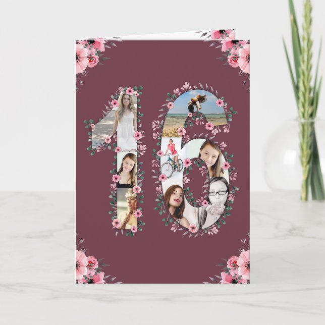Big 16th Birthday Photo Collage Girl Pink Flower Card (Front)