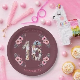 Big 16th Birthday Photo Collage Girl Pink Flower Paper Plate