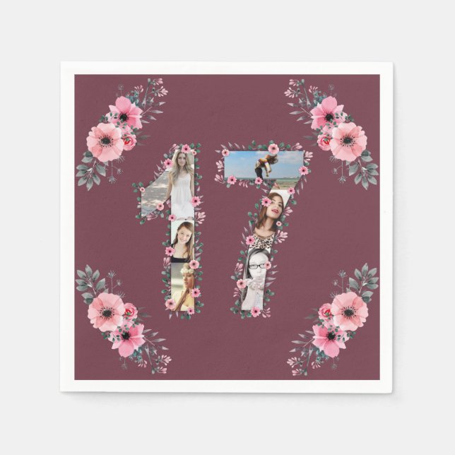 Big 17th Birthday Girl Flower Photo Collage Napkin (Front)