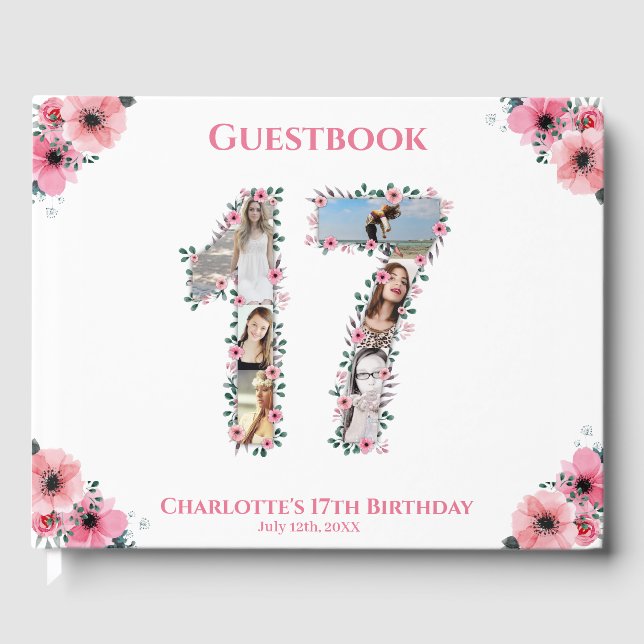 Big 17th Birthday Photo Collage Flower Girl White Guest Book (Front)