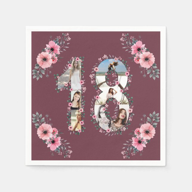 Big 18th Birthday Girl Flower Photo Collage Napkin (Front)