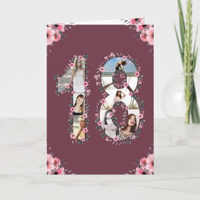 Big 18th Birthday Photo Collage Girl Pink Flower Card (Front)