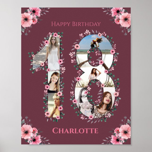 Big 18th Birthday Pink Flower Girl Photo Collage Poster (Front)
