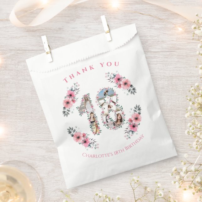 Big 18th Girl Birthday Photo Collage Pink Flower Favour Bags (Clipped)