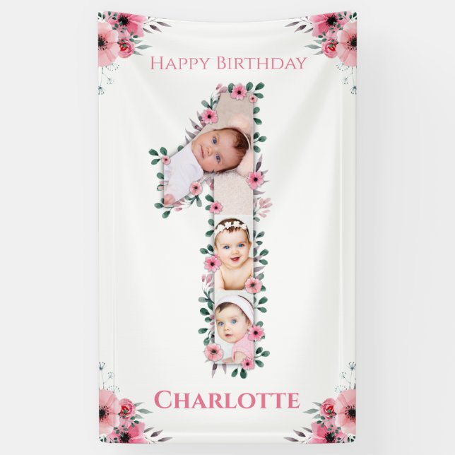 Big 1st Birthday Girl Photo Collage Pink Flower Banner (Vertical)