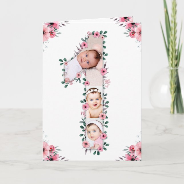 Big 1st Birthday Girl Photo Collage Pink Flower Card (Front)
