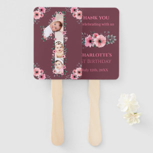 Big 1st Birthday Girl Photo Collage Pink Flower Hand Fan