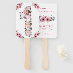 Big 1st Birthday Girl Photo Collage Pink Flower Hand Fan