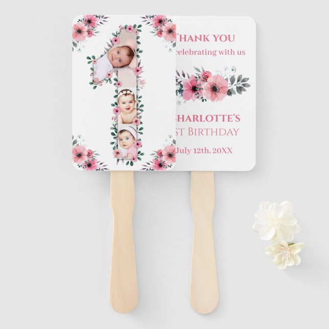 Big 1st Birthday Girl Photo Collage Pink Flower Hand Fan (Front and Back)