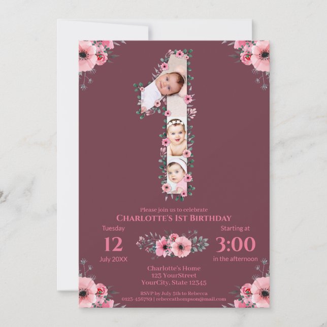 Big 1st Birthday Girl Photo Collage Pink Flower Invitation (Front)