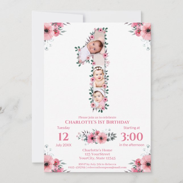 Big 1st Birthday Girl Photo Collage Pink Flower Invitation (Front)