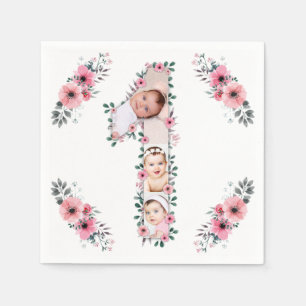 Big 1st Birthday Girl Photo Collage Pink Flower Napkin