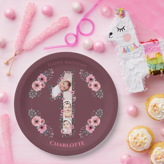 Big 1st Birthday Girl Photo Collage Pink Flower Paper Plate (Party)