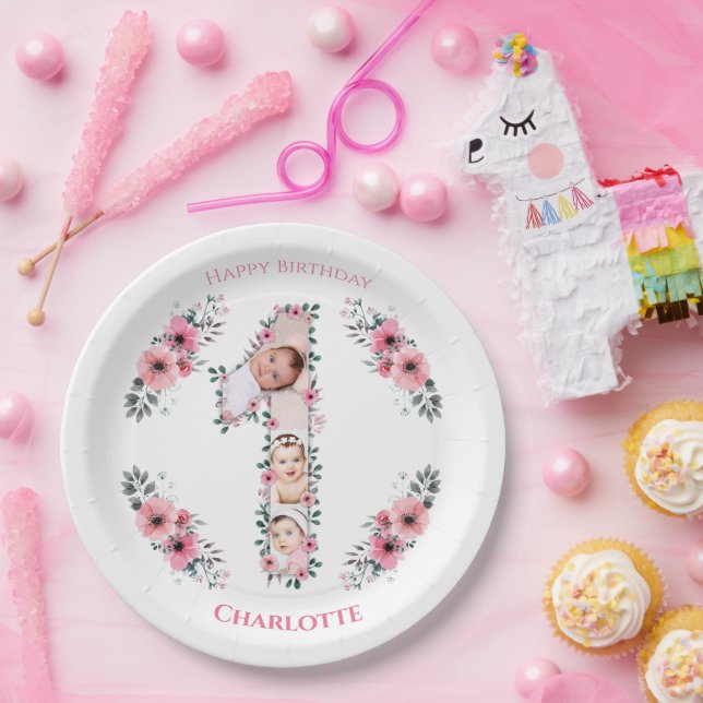 Big 1st Birthday Girl Photo Collage Pink Flower Paper Plate (Party)