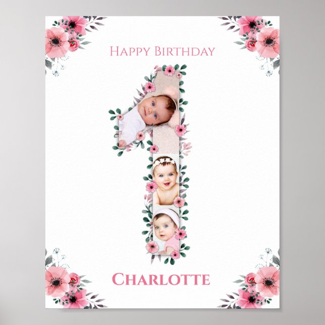 Big 1st Birthday Girl Photo Collage Pink Flower Poster (Front)