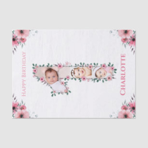 Big 1st Birthday Girl Photo Collage Pink Flower Tissue Paper