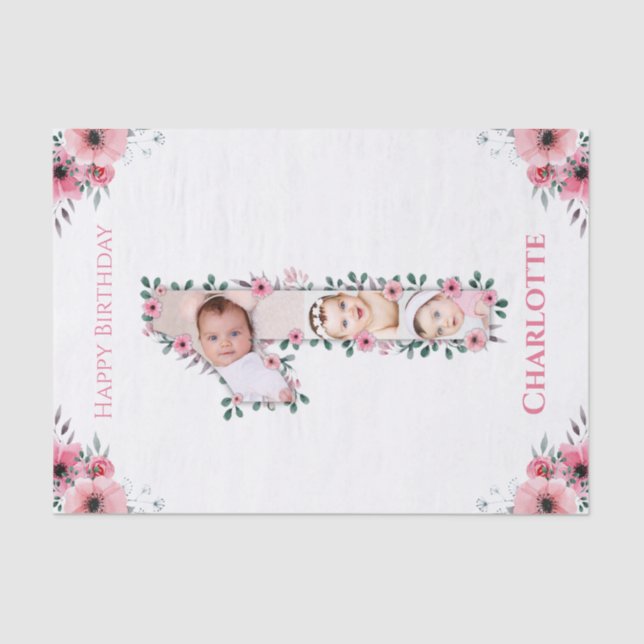Big 1st Birthday Girl Photo Collage Pink Flower Tissue Paper (Front)