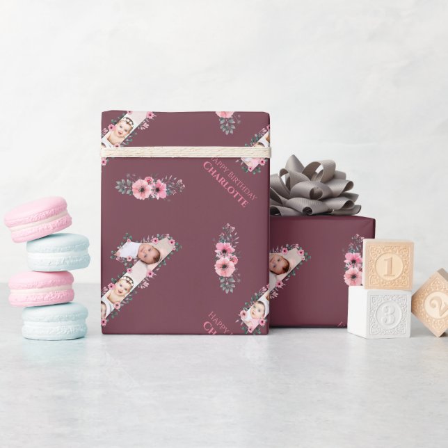 Big 1st Birthday Girl Photo Collage Pink Flower Wrapping Paper (Baby Shower)