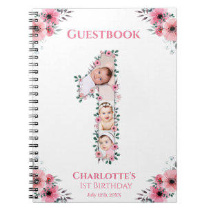 Big 1st Birthday Girl Photo Pink Flower Guest Book