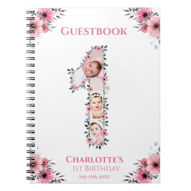 Big 1st Birthday Girl Photo Pink Flower Guest Book (Front)